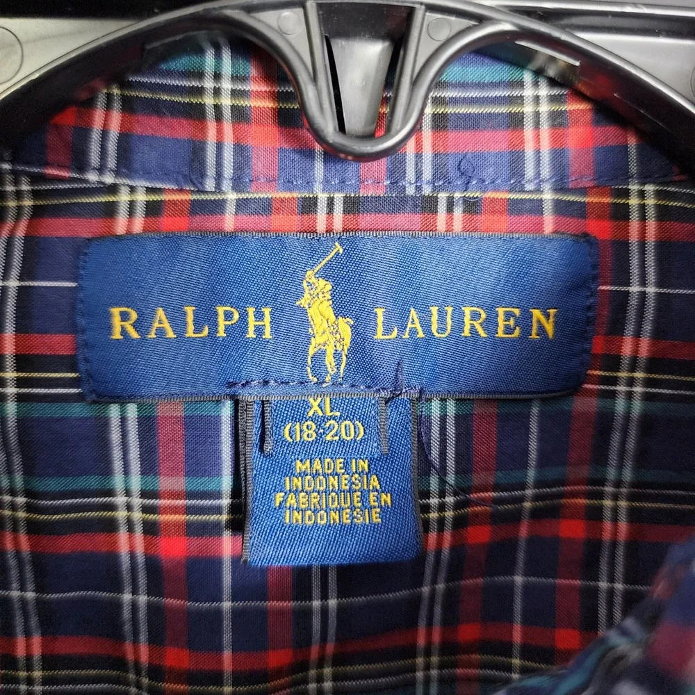 Ralph Lauren Boys XL 18-20 Plaid Button Down Shirt Navy Red Green Cotton